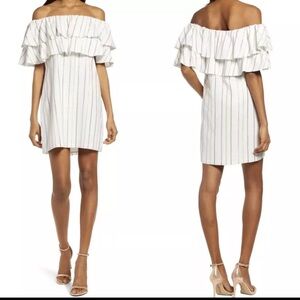 CHARLES HENRY Metallic Stripe Off-the-Shoulder Popover Dress Ivory Sz L